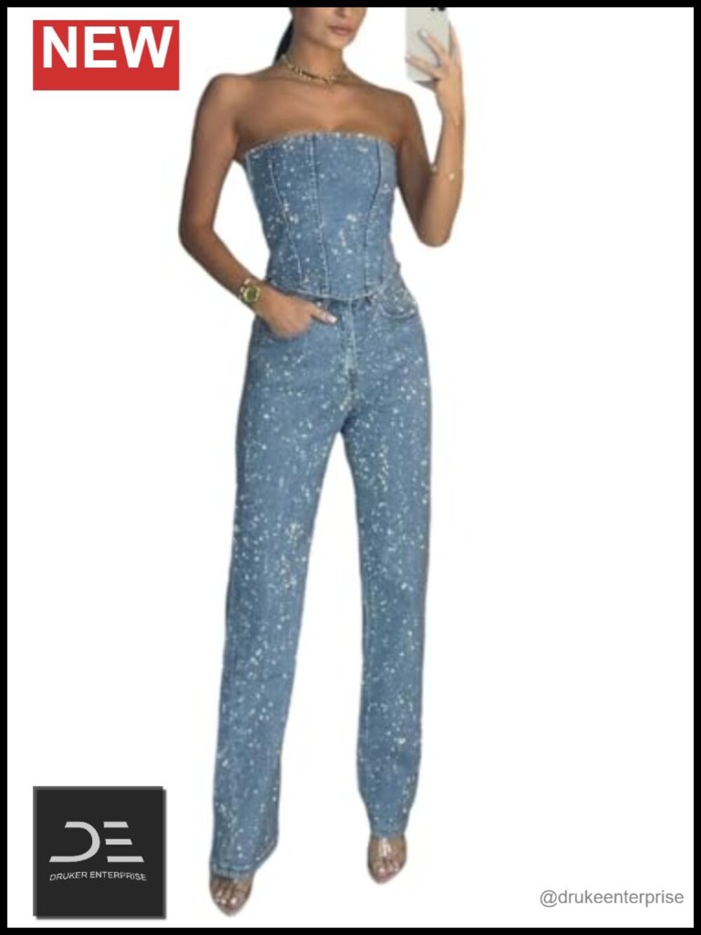 Two Piece Denim Set Shiny Diamond Corset Top and Wide Leg Jeans Outfit for Women